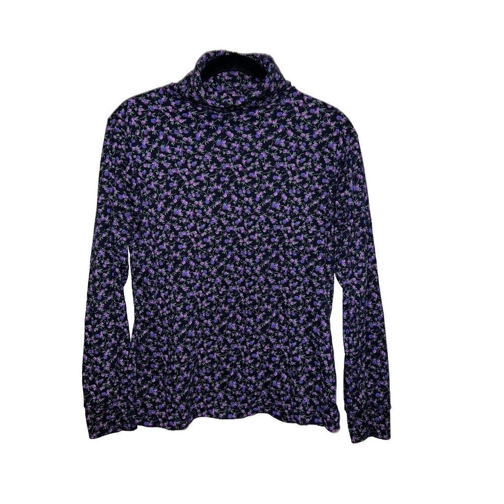 Vintage CURRANTS by Jeri-Jo Black Granny Floral Print Lightweight Turtleneck Top